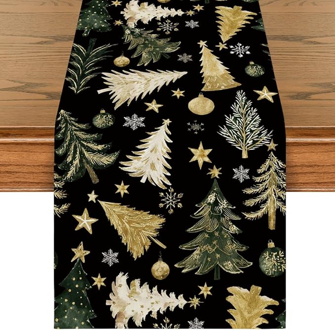 Artoid Mode Gloden Pine Trees Snowflake 210 GSM Christmas Table Runner,Xmas Balls Winter Holiday Kitchen Dining Table Decoration for Home Party Decor 13x120 Inch