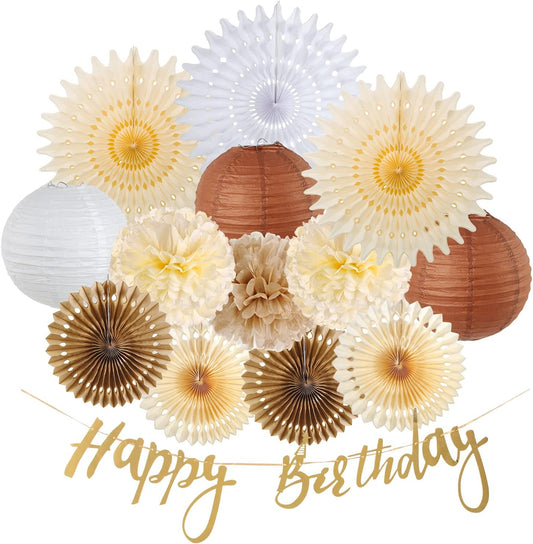 SUNBEAUTY Brown Birthday Party Decorations Rustic Paper Natural Birthday Decorations Hanging Lanterns Tissue Paper Pom Poms Boho Birthday Decorations For Women
