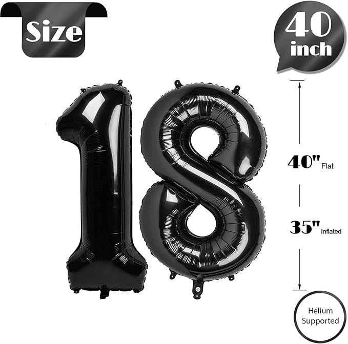 Black Number 18 Balloon 40 Inch, 18th Birthday Party Decorations for Children, Giant 18 Foil Balloon for Party Supplies