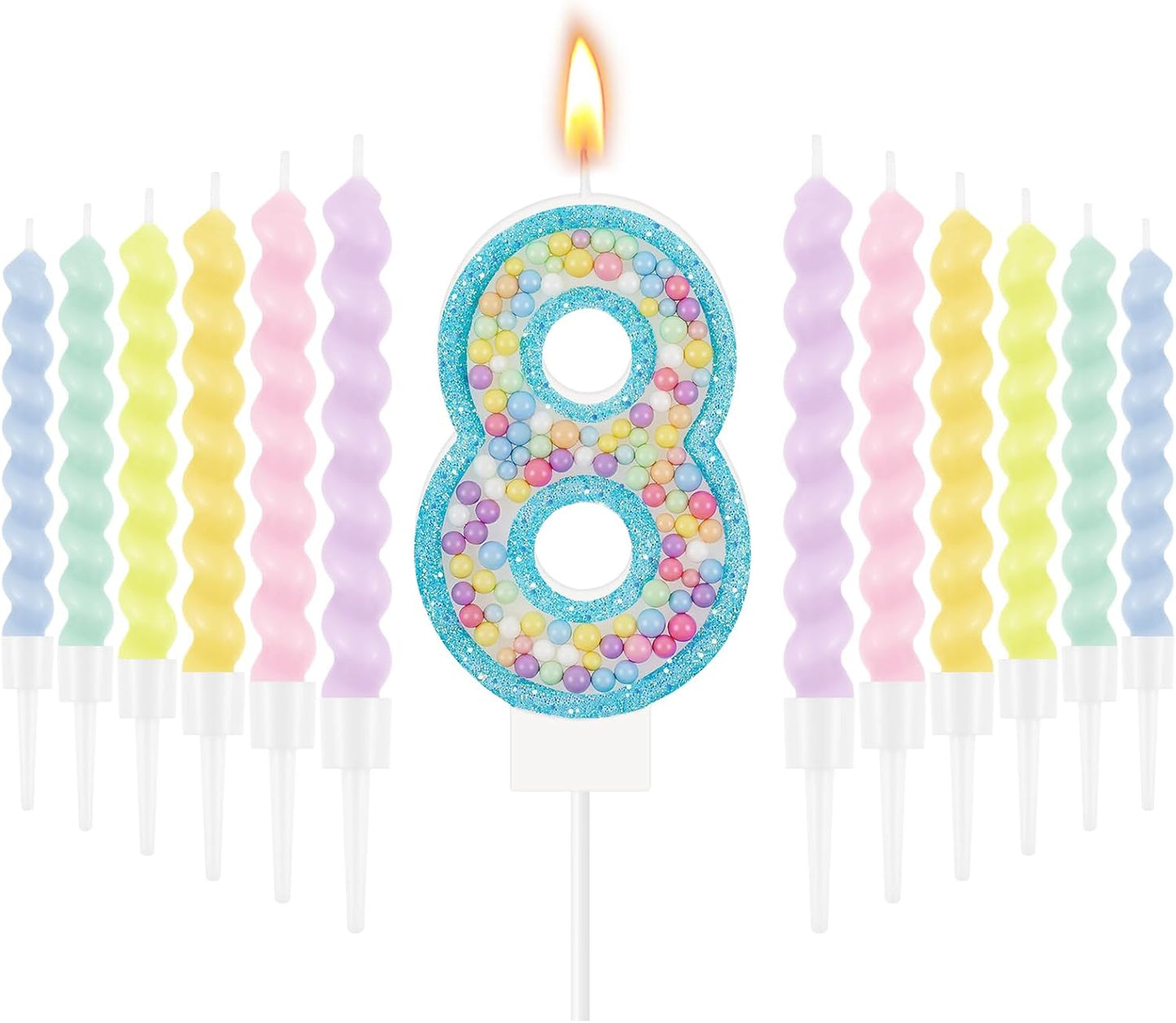 MTLEE Number 8 Birthday Candle with 12 Pcs Spiral Candles for Girls Macaron Pastel Rainbow Unicorn Pink Cake Topper for Sweet Theme Party Decoration