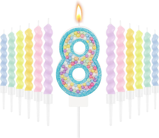 MTLEE Number 8 Birthday Candle with 12 Pcs Spiral Candles for Girls Macaron Pastel Rainbow Unicorn Pink Cake Topper for Sweet Theme Party Decoration