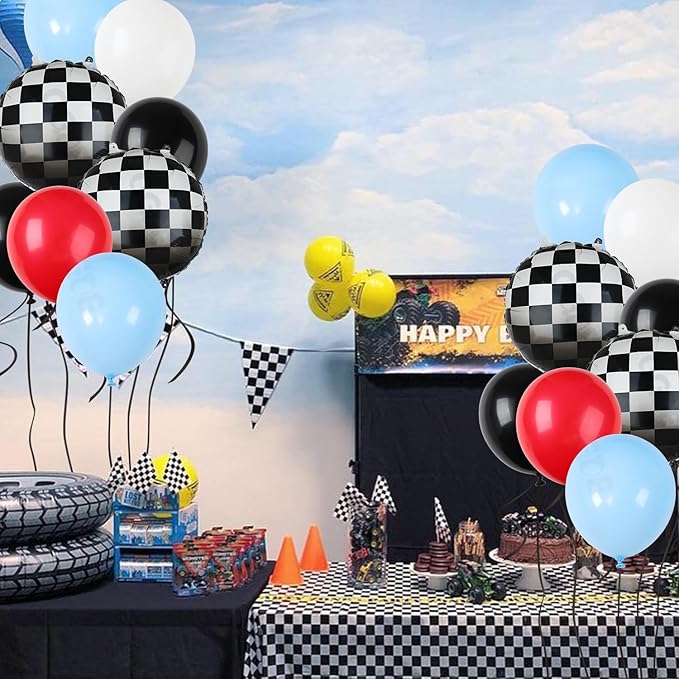 Race Car Balloon Bundle 20 Pcs Checkered Balloons Latex Balloon Blue Red Black Boy One Happy 1st 2nd Vintage Fast One Two Fast Theme Race Car Birthday Party Decor Supplies Kit