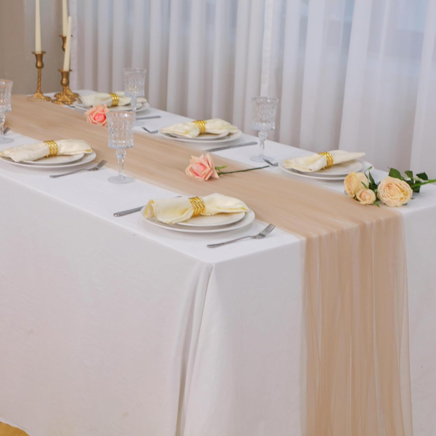 Snowkingdom Tan Table Runner, 10 FT Sheer Tulle Nude Cheesecloth Gauze, Boho Elegant Table Decoration for Home Party Wedding Birthday Baby Shower Christmas Holiday