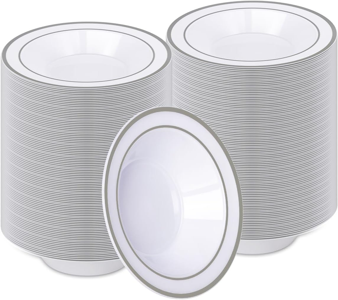 BESTVIP 200 Pack Plastic Bowls with Silver Rim, 12 oz Disposable Soup Bowls, Heavy-duty Dessert Fruit Bowl for Party, Wedding, Christmas, Thanksgiving, Dinner Catering