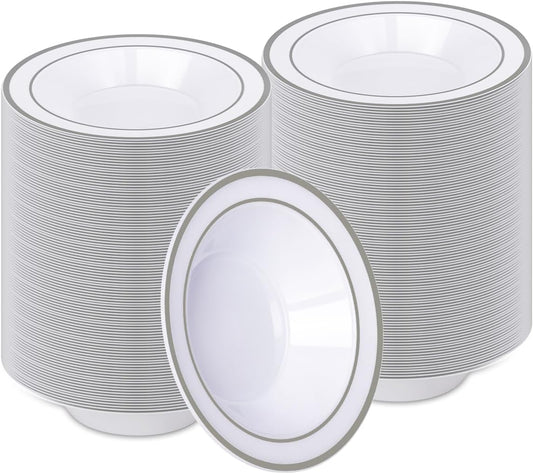 BESTVIP 200 Pack Plastic Bowls with Silver Rim, 12 oz Disposable Soup Bowls, Heavy-duty Dessert Fruit Bowl for Party, Wedding, Christmas, Thanksgiving, Dinner Catering