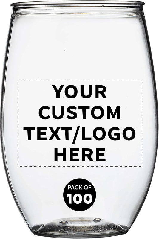 Custom Plastic Stemless Wine Glasses 16 oz. Set of 100, Personalized Bulk Pack - BPA Free, Great for Outdoor Lounges, Poolside, Parties and Other Events - Clear
