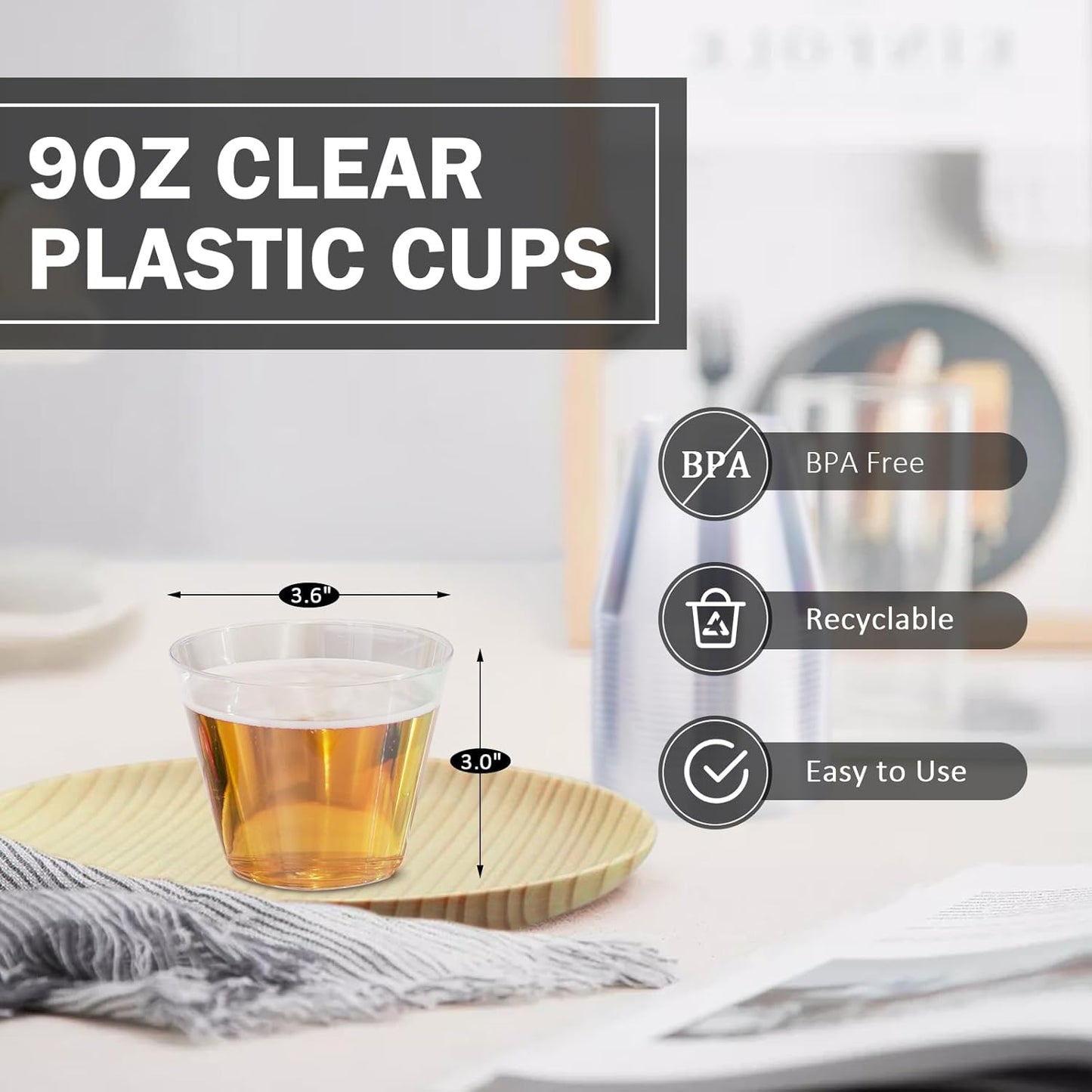 9 oz Clear Plastic Cups, 300 Pack Disposable Fancy Cup for Wedding, Cocktail Cups 9 Ounce, Bulk Clear Plastic Tumblers for Iced Coffee, Cold Beverage