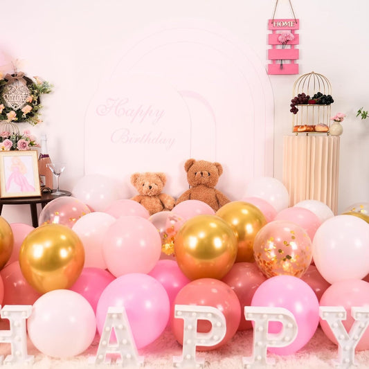 Paready Pink Gold White Balloons Set, 60 Pcs Metallic Gold Pink Balloons, 12 Inch Dusty Pastel Pink White Confetti Balloon For Boho Birthday Bridal Shower Bachelorette Party Supplies