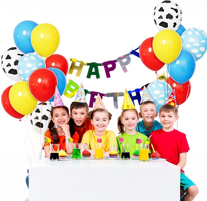 68Pcs Red Yellow Blue Toy Balloons 12 Inch Light Blue Cloud Cow Print Balloons for Baby's Birthday Story and Football Party Themed Decorations.