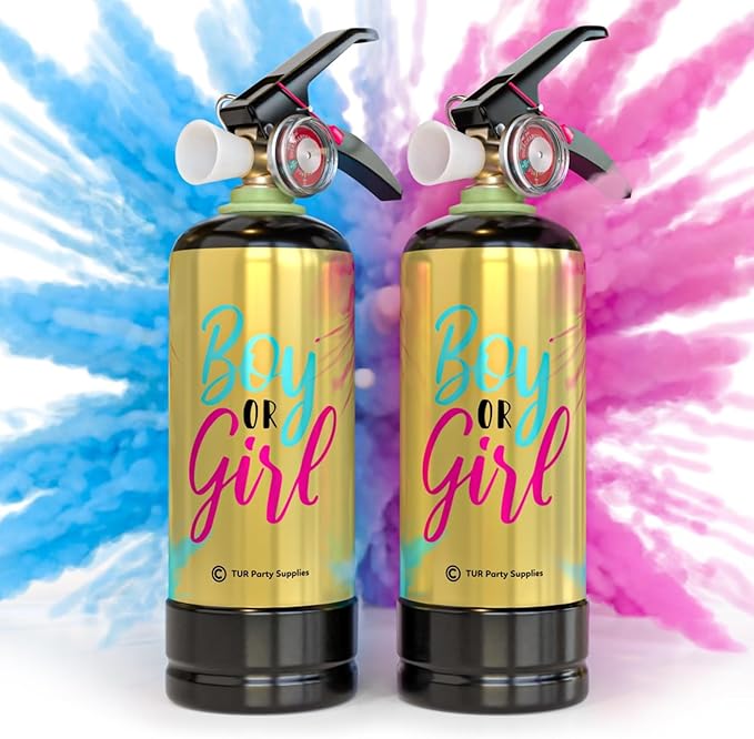Baby Gender Reveal Fire Extinguisher Smoke Bombs Powder Cannon Gold | 1 Blue & 1 Pink | Fireworks Alternative | Biodegradable | Decorations for Photoshoots, Celebrations, Parties | TUR Party Supplies