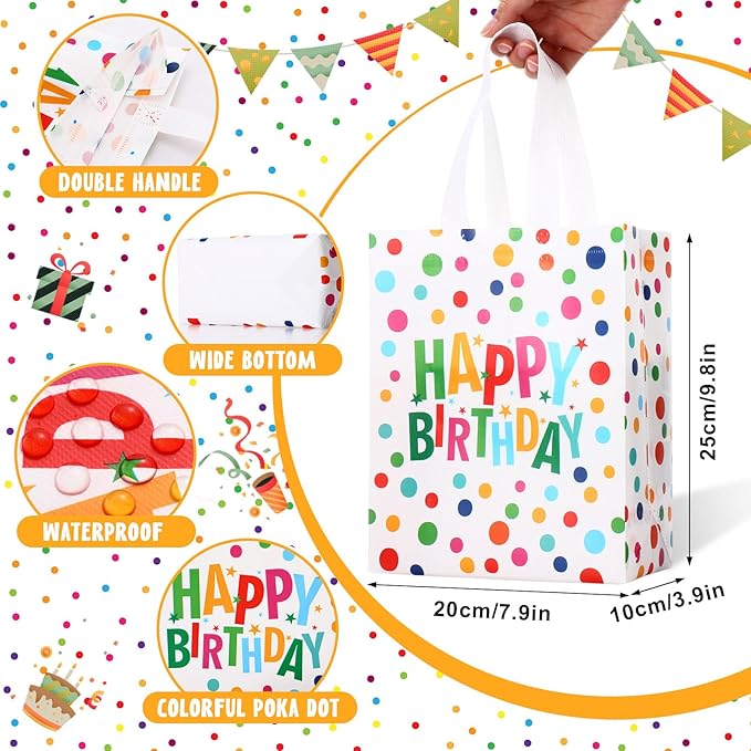 Supervitae 24 Pack Happy Birthday Gift Bags Bulk Medium Rainbow Polka Dot Party Favor Bags Reusable Totes Non Woven Goodie Totes for Birthday Baby Shower Wedding Party Supplies(9.8" x 7.9" x 3.9")