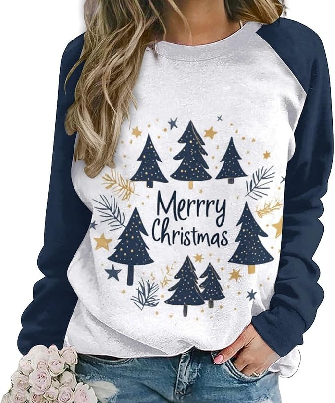 LOAIHA Christmas Sweatshirts for Women Christmas Tree Graphic Shirt Xmas Long Sleeve Merry Christmas Pullover Blouse
