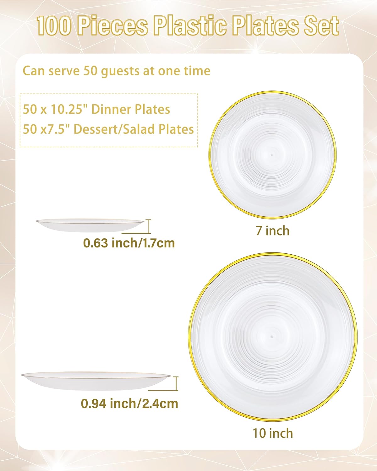 Morejoy 100Pcs Pearl White Plastic Plates,White Disposable Plates With Gold Rim,Heavy-duty Gold Plates, Modern swirl design Plate Include 50Clear Dessert-Platos,50Dinner-Platos for Party&Thanksgiving