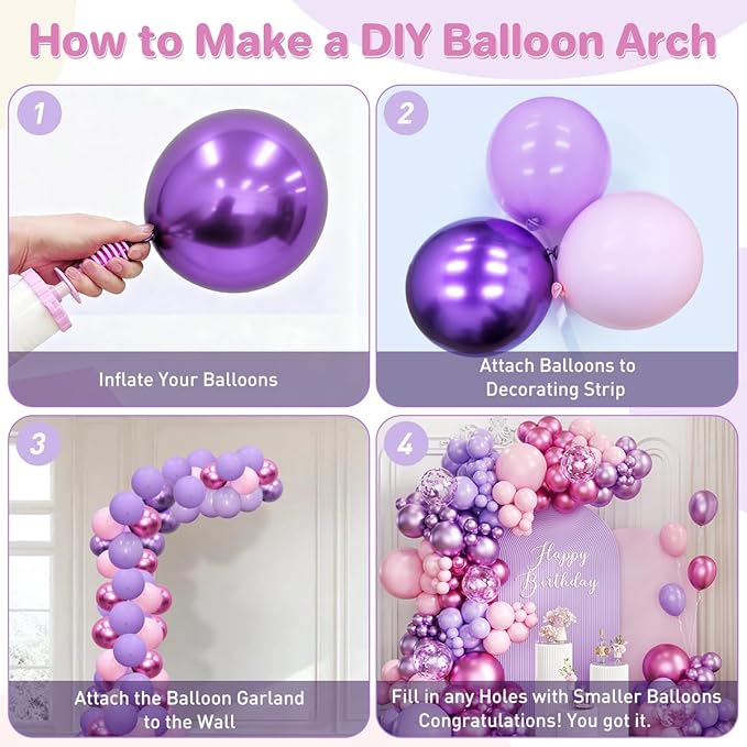 Pink Purple Balloon Garland Arch Kit, 167Pcs Latex Balloons Different Sizes 18 12 10 5 inch for Girl Women Princess Birthday Bridal Baby Shower Party Decoration