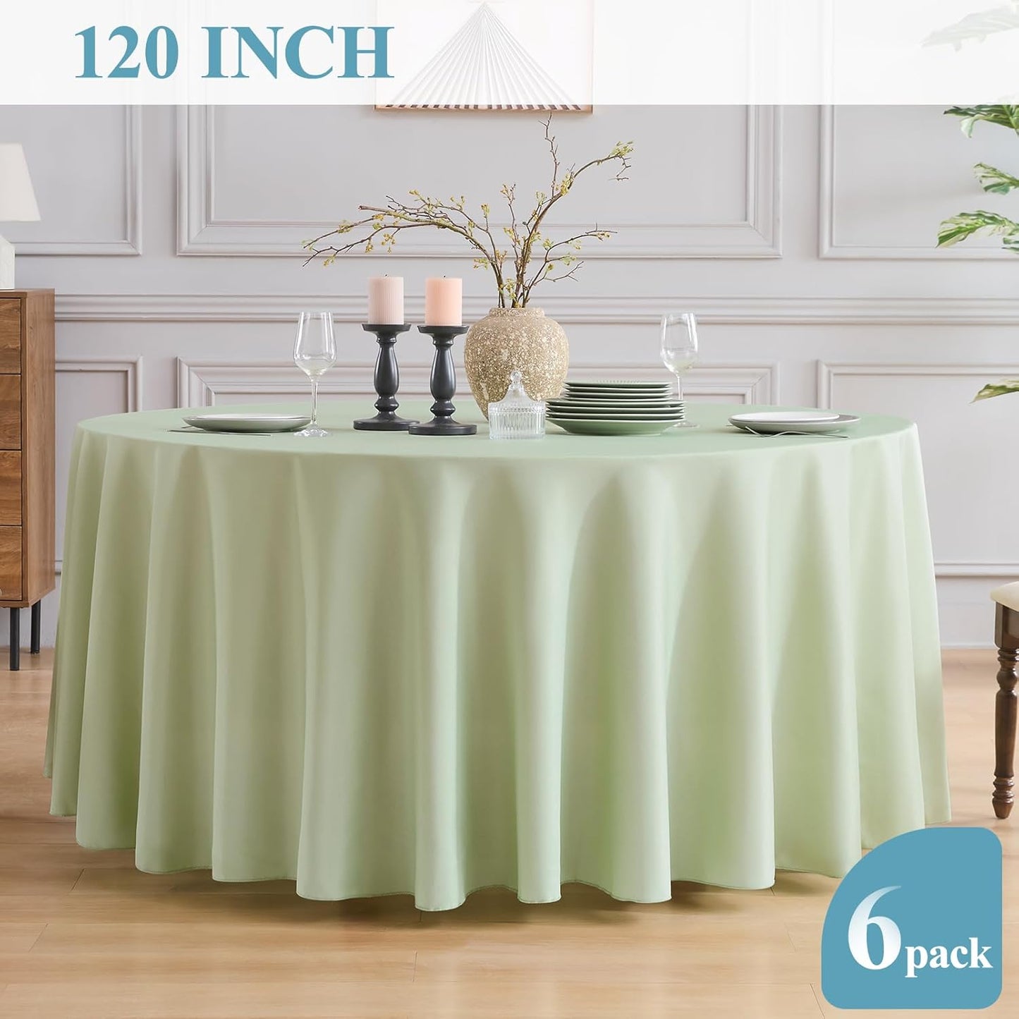 VidaFete Tablecloth 6 Pack 120inch Round Table Cloth Polyester, Stain Wrinkle Resistant Polyester Dining Table Cover for Kitchen Dinning Party Wedding Round Tabletop Buffet Decoration(Sagegreen)