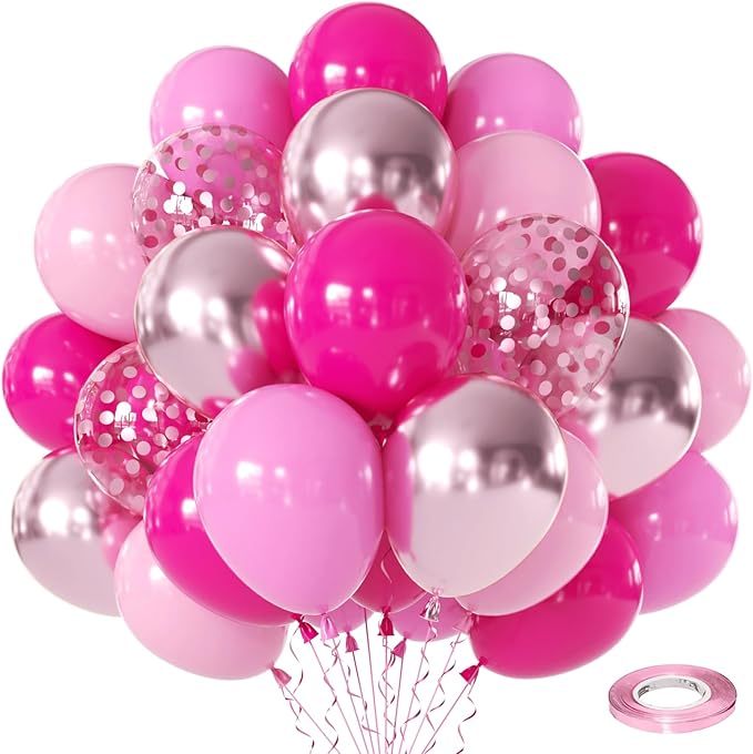 Zesliwy Pink Balloon Hot Pink Balloons Set, 50pcs 12inch Pastel Light Pink Metallic Pink Confetti Balloons for Princess Birthday Wedding Bridal Shower Valentine's Day party Decorations