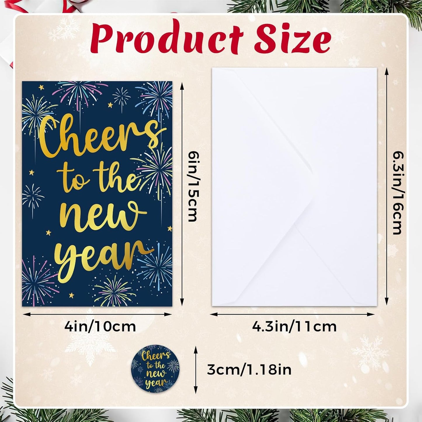 New Year Cards with Envelopes, 24 Pack 4x6in Happy New Year Greeting Cards, Gold Foiled Holiday Card, 300gsm Note Card with Stickers