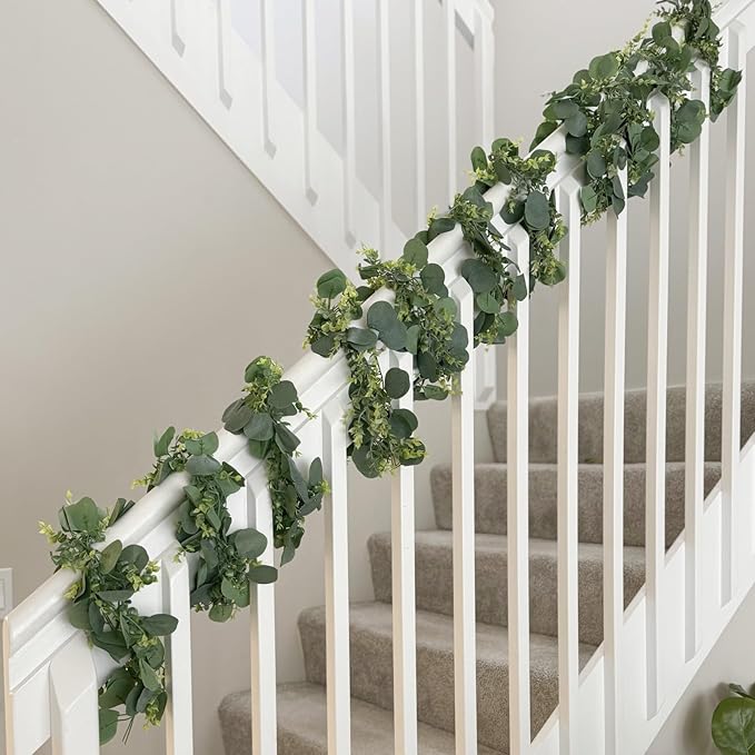 CQURE 4 Pack 5.9ft Eucalyptus Garland, Artificial Eucalyptus Leaves Spring Garland Fake Silver Dollar Greenery Wreath Vines for Wedding Table Party Mantle Bedroom Wall Room Decor