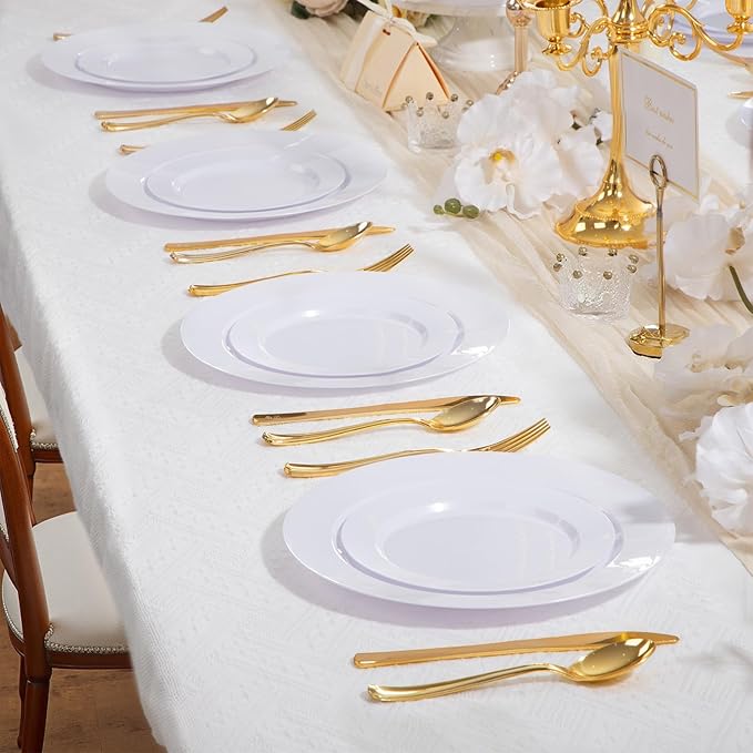 100PCS White Plastic Plates, 10 Inch Disposable Dinner Plate Party, Heavy Duty Disposable Plastic Plates for Party, Wedding and Birthday
