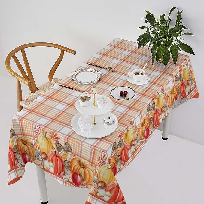 YCness Autumn Pumpkin Thanksgiving Tablecloth, Orange Striped Grid Watercolor Seasonal Colorful Fruits Maple Leaf Fall Table Decor for Home Bedroom Kitchen Dinner Table Cover 55x75 Rectangle