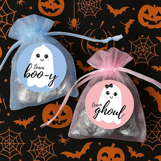 Halloween Gender Reveal Party, Team Boo-y or Team Ghoul Little Ghost Stickers - 40 Count (Pink and Blue)