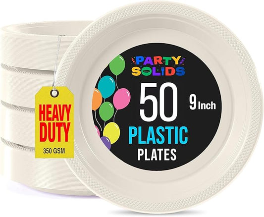 Exquisite Party Solids Ivory Plastic Plates For Party Supplies 9" Ivory Disposable Plates Heavy Duty 50 Pcs Plastic Dinnerware Sets Heavy Duty 350 GSM Disposable Dinnerware Set