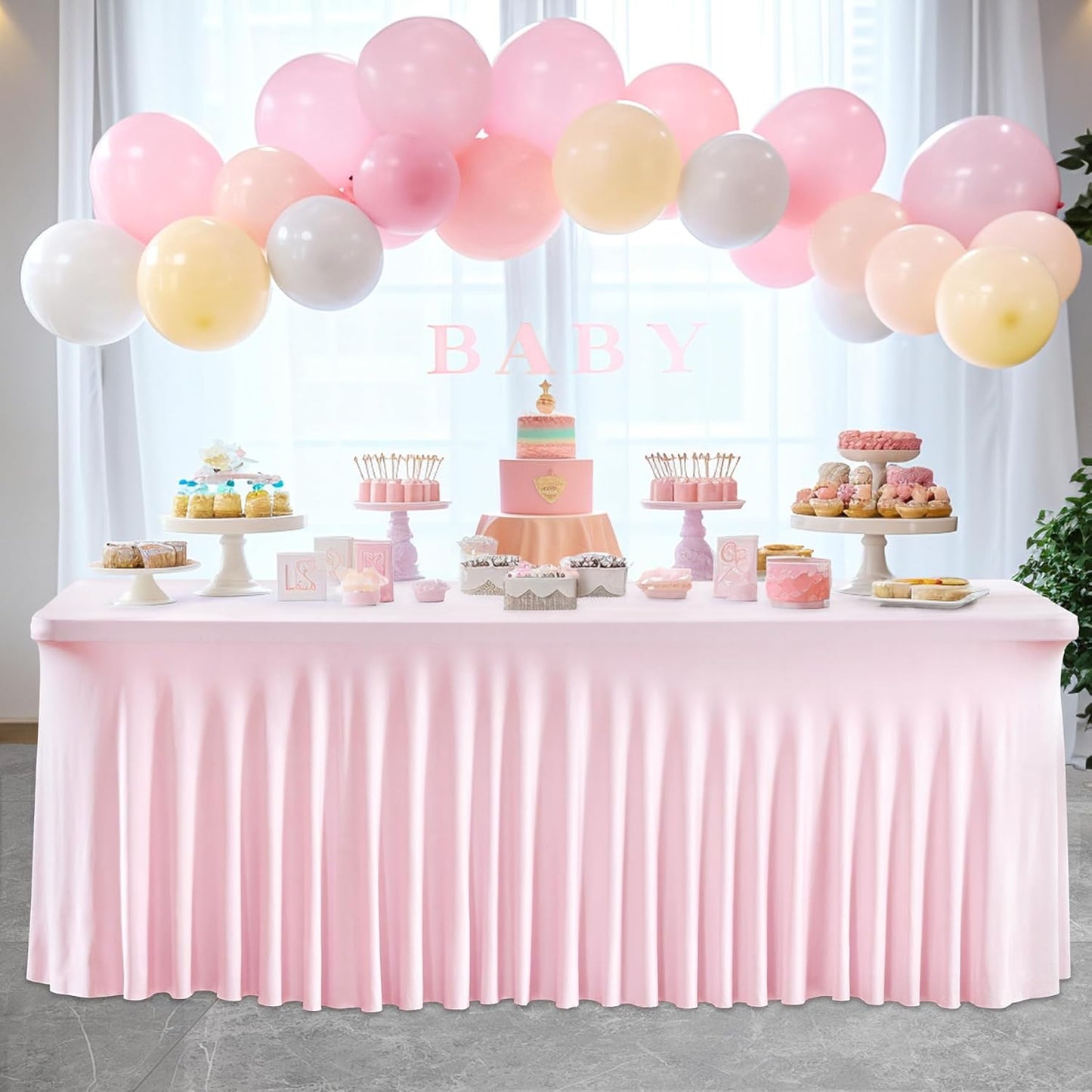 PARTISKY Pink Spandex Tablecloth for 4ft Rectangle Tables, Stretchable Table Cover Skirt for Folding Tables Weddings Parties Banquets Events Trade Shows and Dessert Table