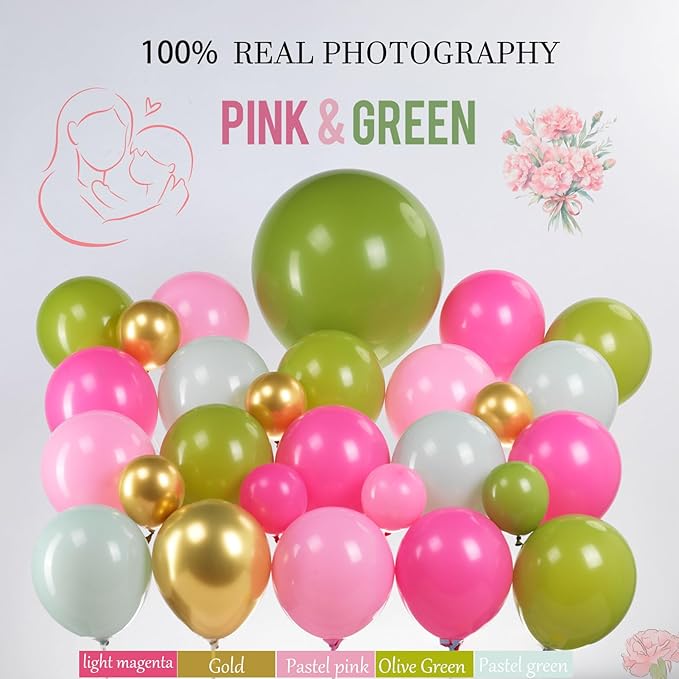 Mothers day Balloon Garland Kit with Pink and Green Foil Heart Letters Floral Basket Daisy Balloons for Indoor Outdoor Premium Rustic Elegant Party Decorations Party Supplies (Green Pink)