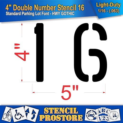 Pavement, Curb, and WheelStop Stencils - 4 inch Double Number Stencil - (16) - 4" x 4" x 1/16" (63 mil) - Light-Duty