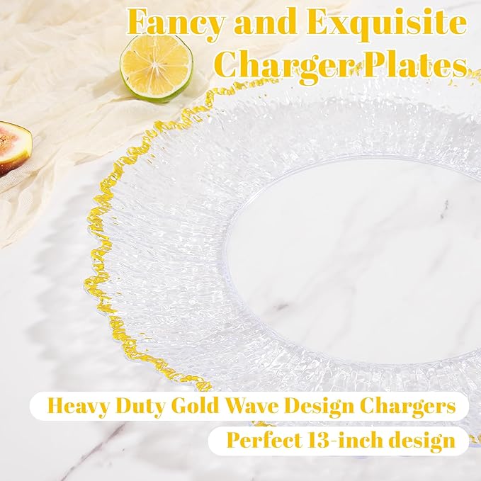 6pcs Clear and Gold Charger Plates Set 13inch,Gold Chargers Heavy Duty Wave Design,Chargers for Dinner Plates With Textured Suitable for Wedding Afternoon Tea,Spring,Valentine's Day