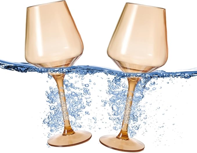 Floating Wine Glasses for Pool (18 Oz | Set of 2) - Wine Glass Set That Float | Shatterproof Poolside Wine | Beach Glass | Outdoor Tritan Plastic Glassware with Stem for Patio, Picnic - Tan Beige