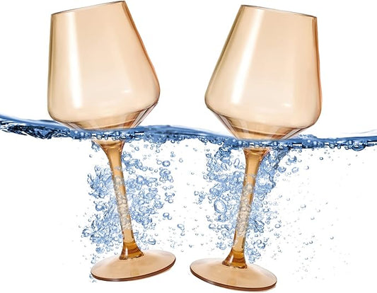 Floating Wine Glasses for Pool (18 Oz | Set of 2) - Wine Glass Set That Float | Shatterproof Poolside Wine | Beach Glass | Outdoor Tritan Plastic Glassware with Stem for Patio, Picnic - Tan Beige