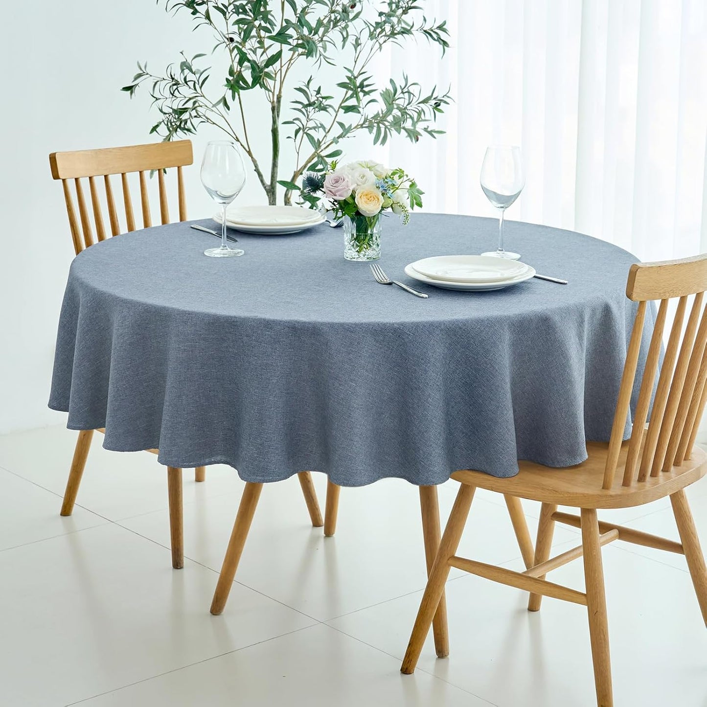 maxmill Round Linen Textured Tablecloth Spill-Proof Stainproof Wrinkle Free Washable Fabric Table Cloth for Circular Table Cover, Dining Room Buffet Banquet Party Holiday Dinner, 70 Inch Demin Blue
