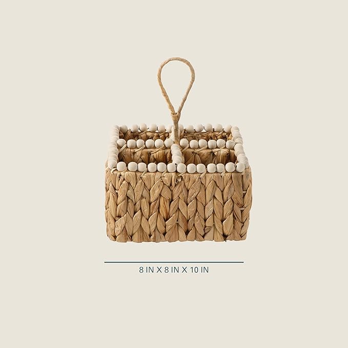 Gibson Home Riverrun Grove Woven Utensil Caddy with 4 Compartments, Natural Hand-Braided Water Hyacinth Basket with Wood-Bead Trim for Napkins, Cutlery, Condiments & Tabletop Storage