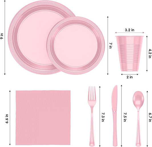 350 Pcs Pink Plastic Plates For Party, Pink Disposable Plates Set, 50 Of Each 9" Dinner Plate Set, 7" Dessert Plate, Cups, Napkins & Cutlery Plastic Dinnerware Exquisite
