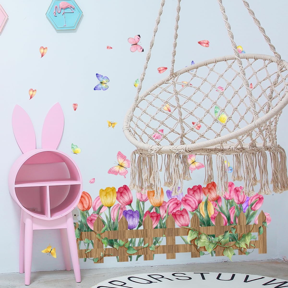 2 Pieces Tulips Wall Decals Vinyl Flowers Wall Stickers Removable Floral Art Murals Peel and Stick Colorful Tulips Fence Butterfly Decor for Girls Bedroom Living Room Nursery