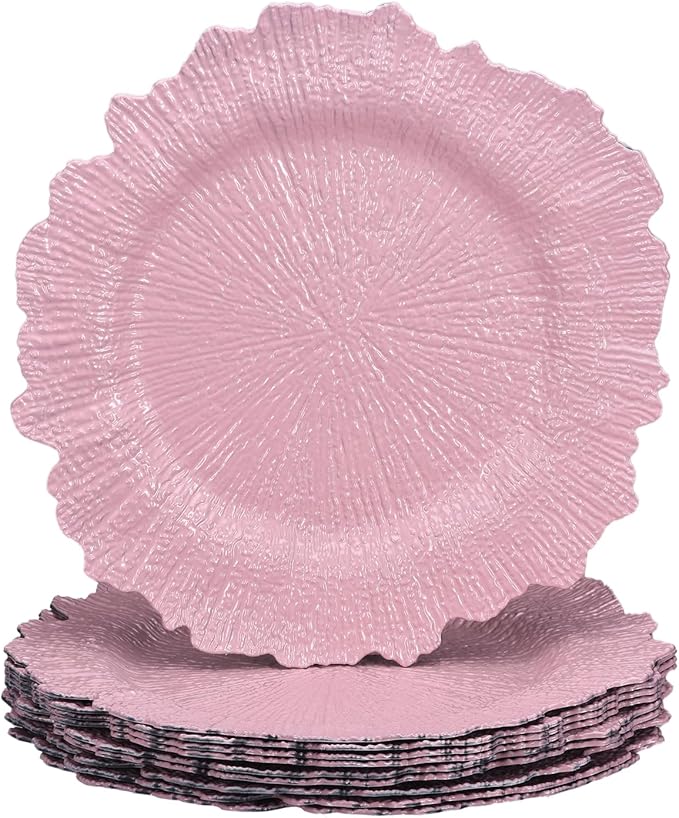 uxcell 10pcs Reef Charger Plates Bulk, 13 Inch Plastic Floral Charger Plates, Round Plate Chargers for Dinner Wedding Party Event Table Setting Decoration Pink