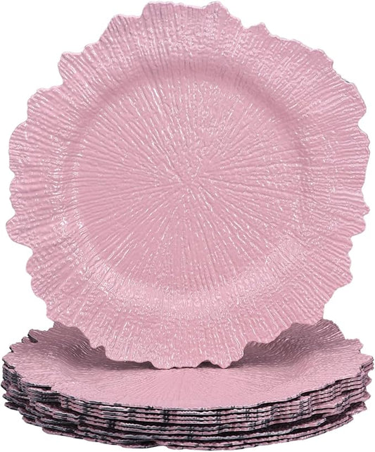 uxcell 10pcs Reef Charger Plates Bulk, 13 Inch Plastic Floral Charger Plates, Round Plate Chargers for Dinner Wedding Party Event Table Setting Decoration Pink