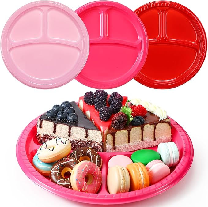 50 Pcs 10 Inch Plastic 3 Compartment Divided Plates Heavy Disposable Round Dinner Plates with Dividers for Wedding Birthday Party Dinnerware (Red, Pink)