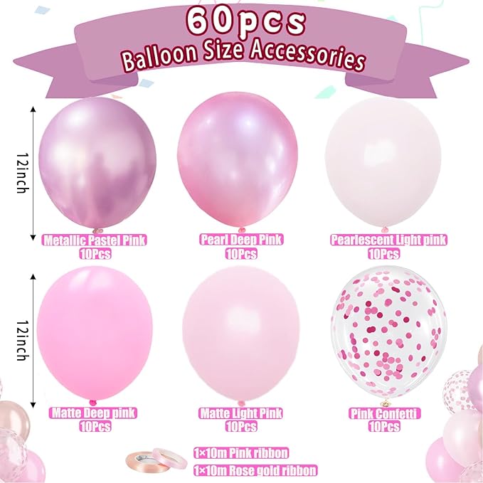 Pink Balloons, 60Pcs 12inch Metallic Pearly Matte Pink Confetti Balloons for Girl Women Birthday Decorations, Wedding, Christening, Baby Shower Party