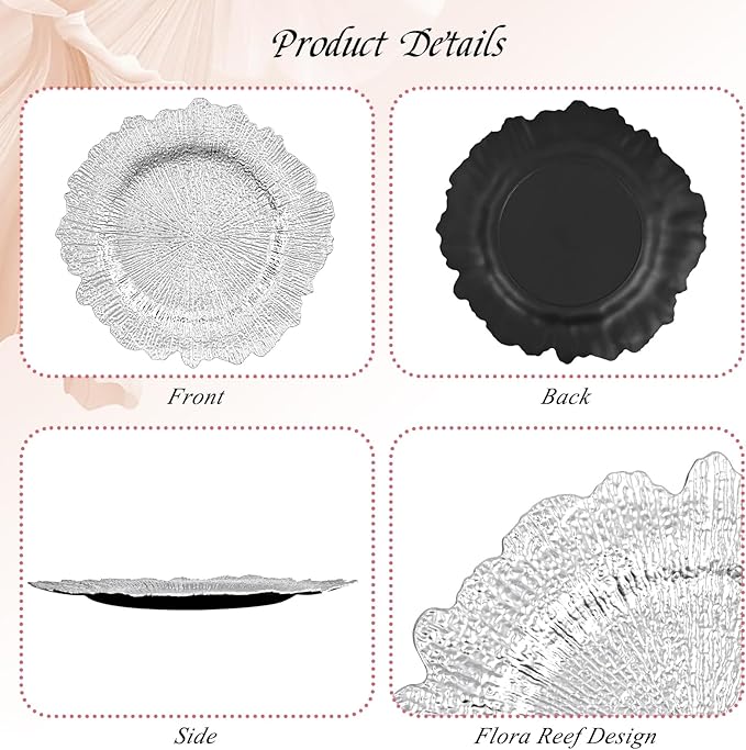 50 Pack Silver Charger Plates Bulk, 13" Plastic Reef Chargers for Dinner Plates, Round Charger Plate with Floral Reef Design for Dinner Wedding Party Table Setting Decoration
