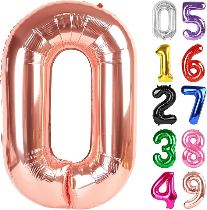 Rose Gold Number 0 Balloon 40 Inch, 0 Balloon Number for 10th 20th 30th 40th 50th 60th Birthday Decorations, Rose Gold Party Supplies