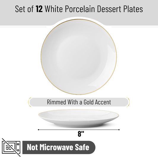 BTaT- White Dessert Plates with Gold Rim, Set of 12, 8", Porcelain, Small Plates for Appetizers, Christmas Gifts