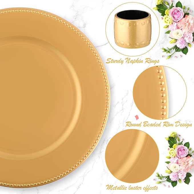 Gerrii 24 Pcs 13 Inch Gold Charger Plates Bulk with Napkin Rings Set Include 12 Pcs Plastic Beaded Charger Plates 12 Napkin Rings Round Dinner Set for Table Wedding Party