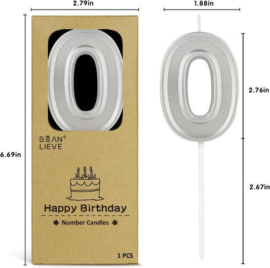 BEAN LIEVE Silver Birthday Candles Number 0, Silver Number Candles, Cake Number Candles for Birthday Parties and Wedding Anniversary Celebrations