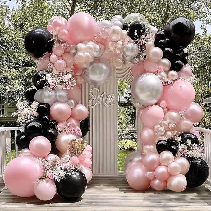 Pearl Pink Black Balloon Arch Kit, Double Stuffed Pastel Baby Pink Blush Silver Balloon Garland for Baby Shower Birthday Bridal Wedding Graduation Mothers Day Women Bachelorette Party Decoration