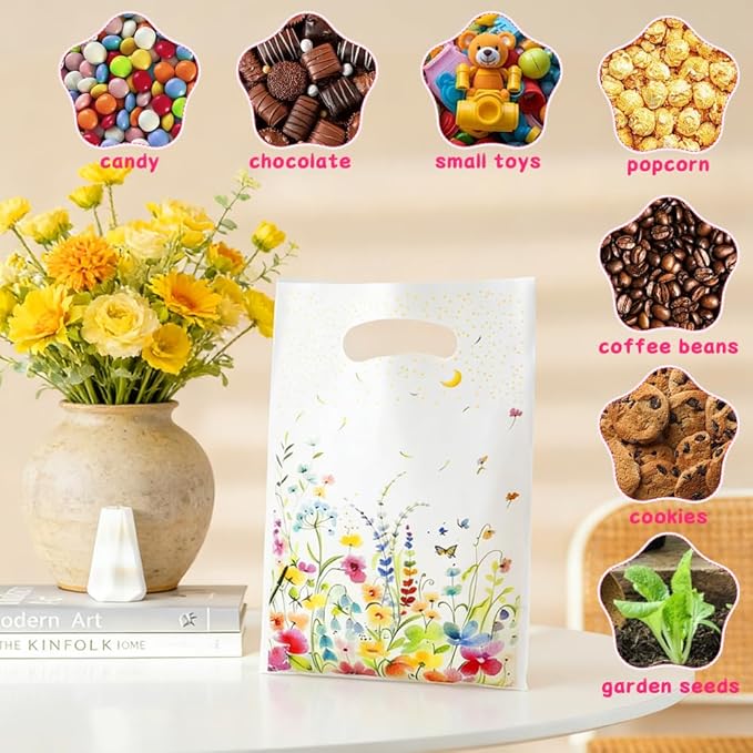 Wildflower Gift Bags, 50Pcs Reusable Wildflower Party Favor Bag with Handles, Plastic Wildfloral Goodie Candy Treat Bags Floral Gift Bag for Spring Wedding Baby Shower Birthday Party Supplies Decor