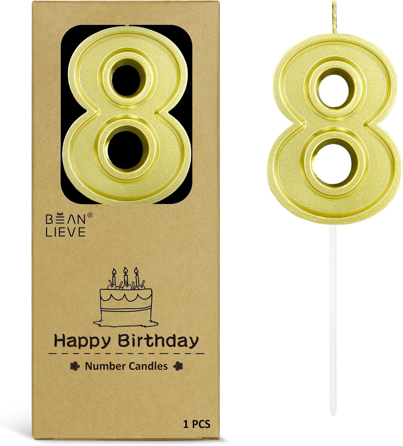 BEAN LIEVE Gold Birthday Candles Number 8, Gold Number Candles, Cake Number Candles for Birthday Parties and Wedding Anniversary Celebrations