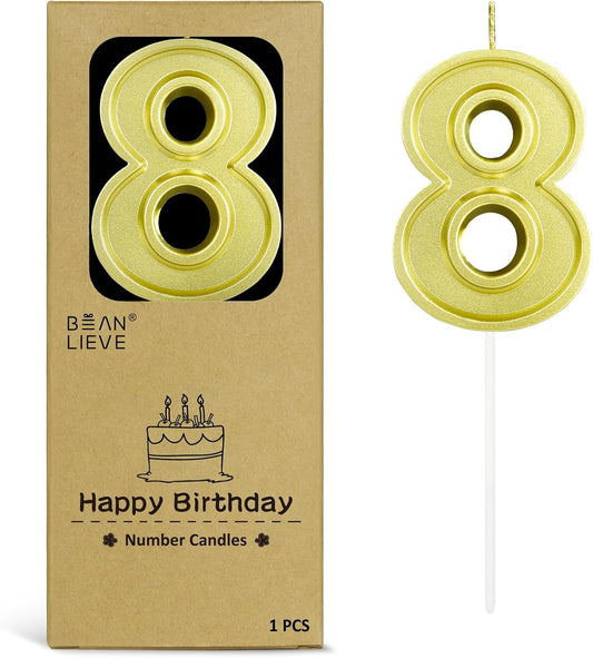 BEAN LIEVE Gold Birthday Candles Number 8, Gold Number Candles, Cake Number Candles for Birthday Parties and Wedding Anniversary Celebrations