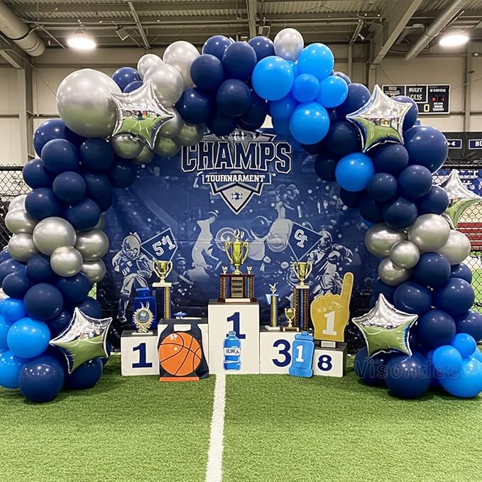 Blue Balloon Arch Kit with 2 Large Silver Star Foil Balloons – Navy & Light Blue Balloon Garland, 5/12/18 inch Blue Balloons for Birthday, Baby Boy Shower, Wedding & Graduation Decorations